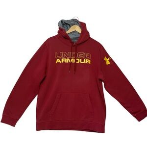 UNDER ARMOUR sz Large Men’s Hefty Logo Hoodie Fleece Lined Pouch Red Yellow